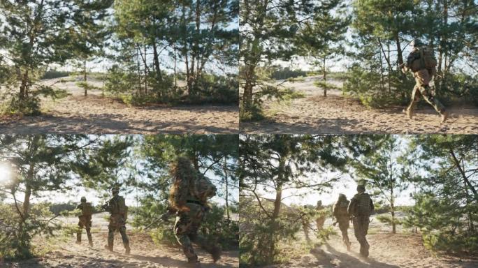士兵们在沙地上、在树林中的训练场上列队奔跑，手持步枪，穿着制服，戴着头盔，保卫领土，进行军事演习，进