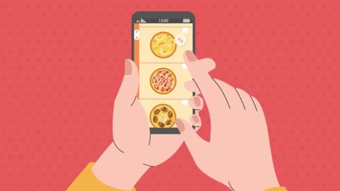 使用在线送货订购披萨，2d平面动画。在智能手机上滚动送餐应用程序。餐厅经营理念。