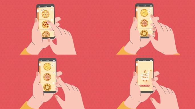 使用在线送货订购披萨，2d平面动画。在智能手机上滚动送餐应用程序。餐厅经营理念。