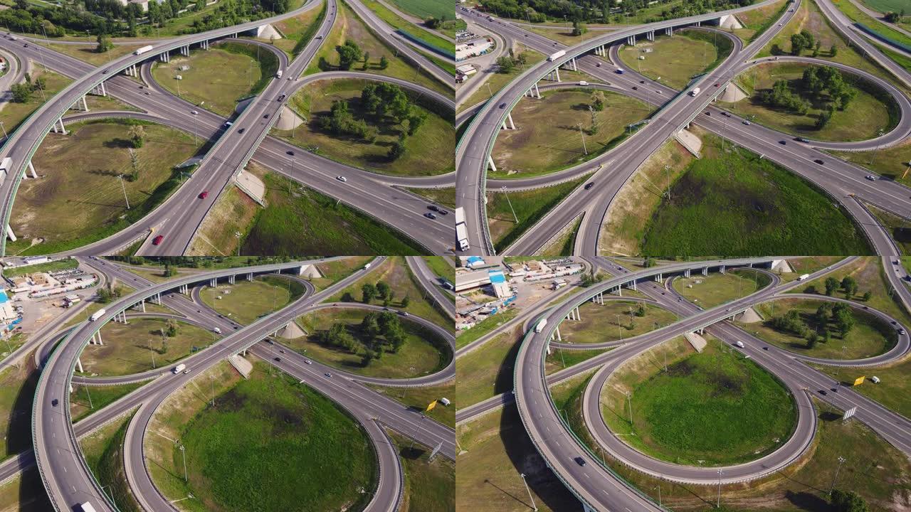 城市交通繁忙的道路交汇处或高速公路交叉口的鸟瞰图