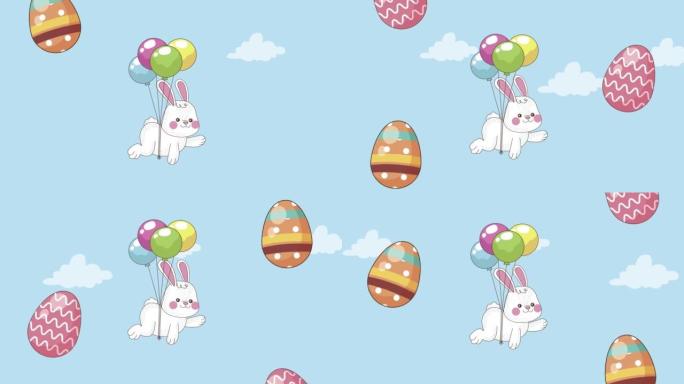 气球氦气中的复活节兔子与鸡蛋