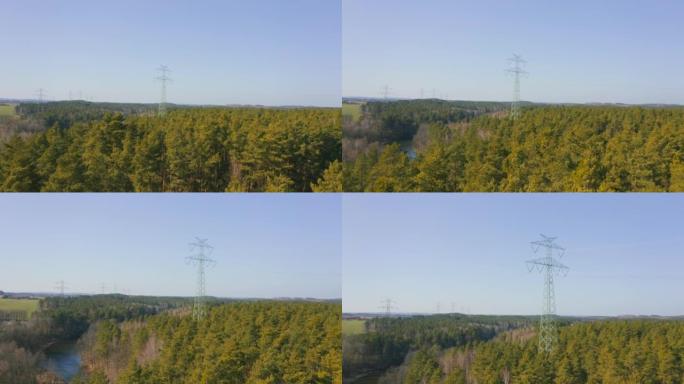 森林里的大型输电塔。农村不同类型的电塔