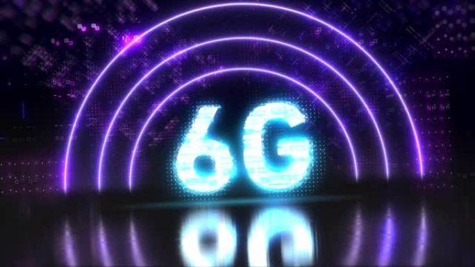 6g无线移动网络符号动画。霓虹未来背景