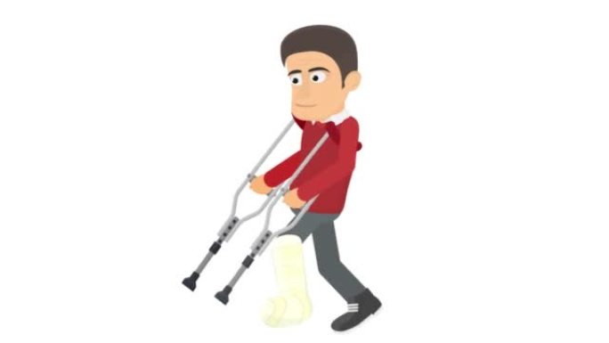 拄着拐杖的人。残疾人动画。卡通