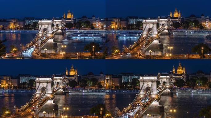 匈牙利布达佩斯，黄昏时放大历史地标塞切尼链桥交通的延时视图