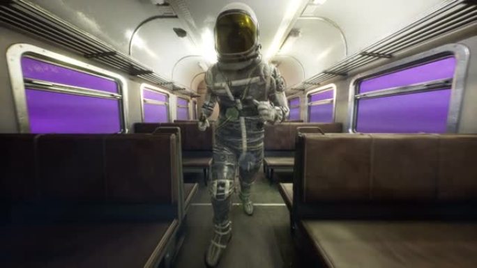 一名太空人在星际空间火车上以超光速奔跑。幻想太空旅行的概念。循环动画非常适合太空，幻想和科幻背景。