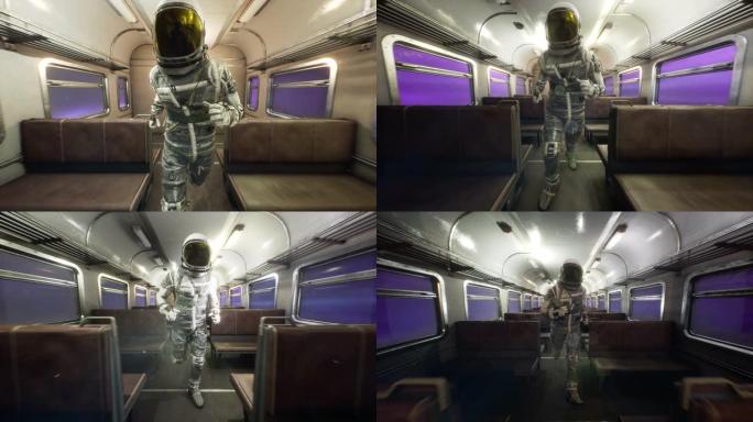 一名太空人在星际空间火车上以超光速奔跑。幻想太空旅行的概念。循环动画非常适合太空，幻想和科幻背景。