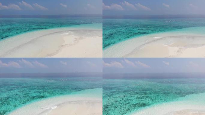 无人机跟随一群白色海鸥在热带沙洲上，绿松石水和白沙，达拉万德胡，马尔代夫，印度洋。珊瑚和鸟类的航拍视