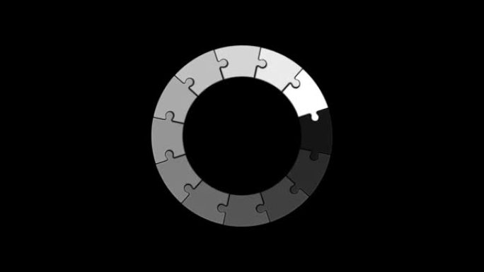 在黑色背景上围成一圈排列的白色拼图图标的动画。装载进度指示器。无缝循环。视频动画背景。