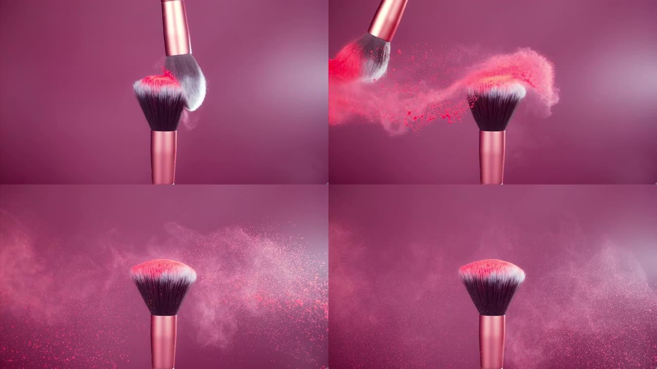 粉色背景下红粉爆炸化妆刷超慢动作