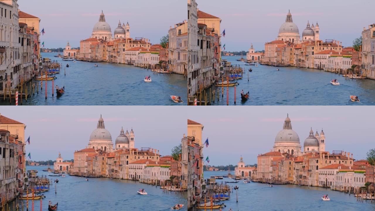 威尼斯大运河全景和圣玛利亚教堂在日落