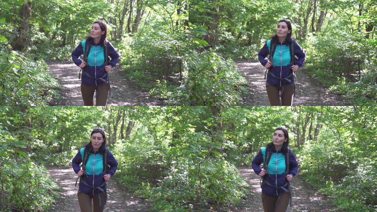 背着背包的女孩游客在树林里，环顾四周，太阳的光芒，缓慢的mo