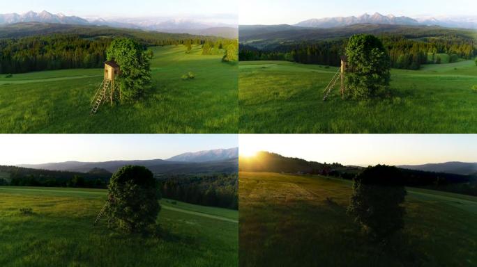 山里的日出，鸟瞰图。山谷史诗般的多彩的早晨日出。山景上日出的电影鸟瞰图。