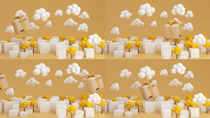 一个礼品盒在低矮的多边形云中漂浮在整个村庄中。在黄色背景3d渲染动画上交付快递节日礼物到目的地的概念