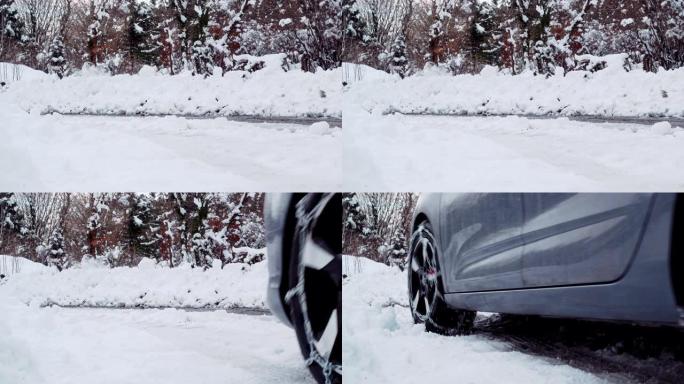 带有防滑链的汽车在冰雪路面上行驶