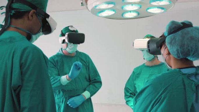 一名医生的4k录像正在使用增强现实眼镜进行手术，学习检查人体内部器官以在现代医院进行手术。