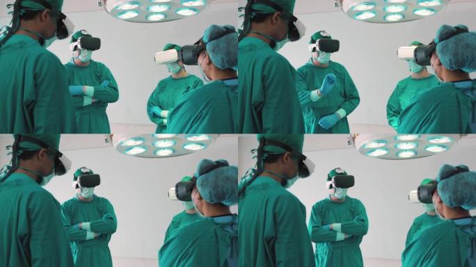 一名医生的4k录像正在使用增强现实眼镜进行手术，学习检查人体内部器官以在现代医院进行手术。