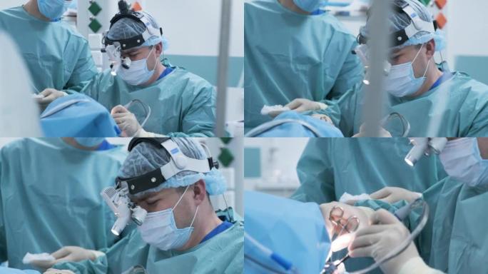 切除扁桃体的手术，扁桃体切除术。在深度麻醉下的现代诊所中，使用最新的设备患者去除腺体，冷等离子法，减