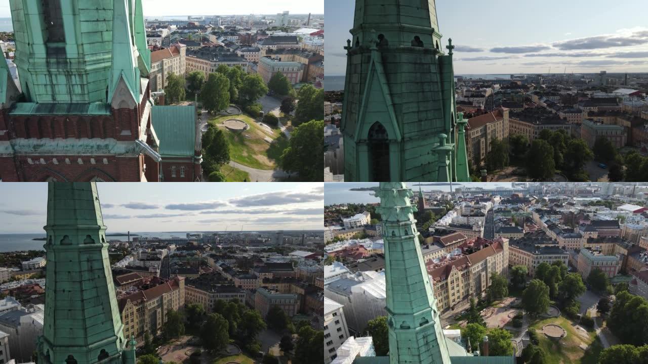 约翰内斯教堂向上的鸟瞰图。背景上的赫尔辛基市