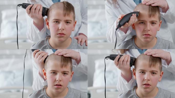 医生用理发推子剃光青少年男孩准备化疗