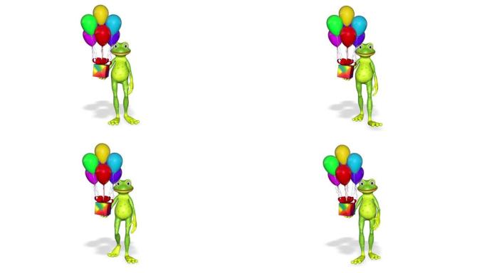 青蛙展示了白色背景的礼物气球