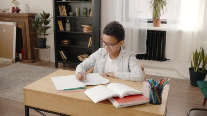 国内教育。快乐的非裔美国男孩在眼镜上做作业，在抄本中写作，跟踪镜头