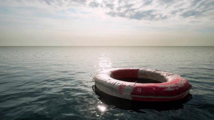 一个抽象的海上悲剧概念，一个孤独的救生圈慢慢漂浮在摄像机前