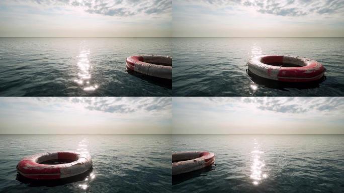 一个抽象的海上悲剧概念，一个孤独的救生圈慢慢漂浮在摄像机前