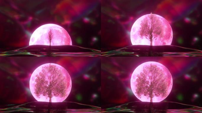 钻石树在月亮的背景下开花。粉色霓虹色。3d动画
