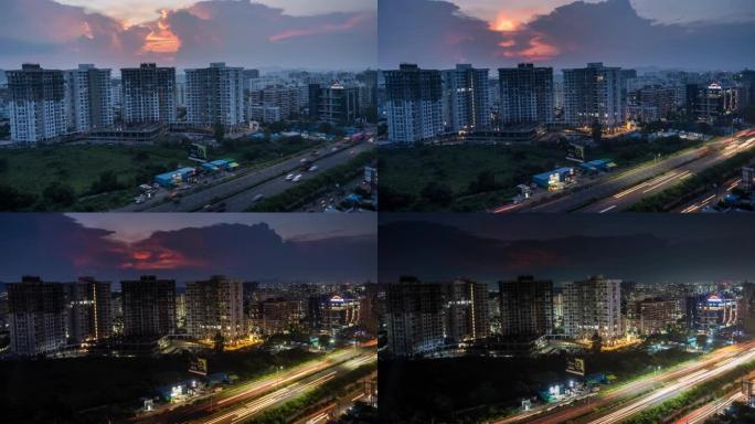 印度马哈拉施特拉邦浦那，孟买-浦那-本古鲁国道沿线的高层建筑和城市发展以及日夜时光流逝