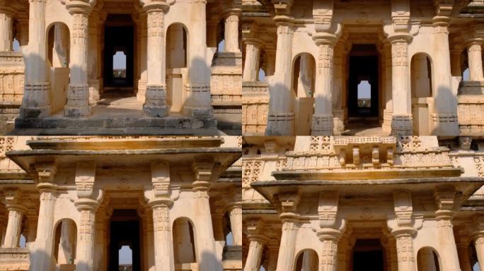 历史悠久的印度Kumbhalgarh堡垒内的Devi庙的外墙和石柱。要塞属于拉贾斯坦邦的山堡。印度。