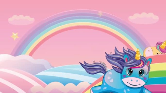 小独角兽。可爱的小马或在云中飞翔的马。星空。彩虹和动物的童话背景。美妙的风景。儿童卡通动画。仙境。善