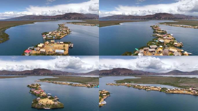 鸟瞰世界最高通航湖泊喀喀湖上的乌罗斯浮岛 (西班牙语: Islas Uros)，秘鲁和玻利维亚边境