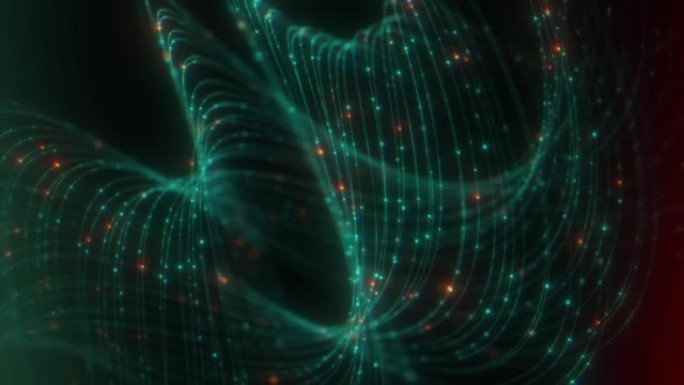 旋转的螺旋线和闪烁的绿色和橙色点的抽象背景。弦理论。螺旋运动，概念。