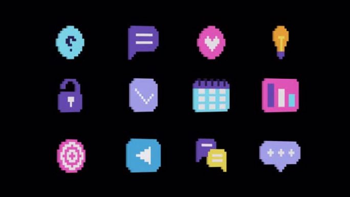 社交媒体、UI、互联网和网络动画图标。像素艺术风格，阿尔法通道，透明背景。移动应用程序，网站界面图标