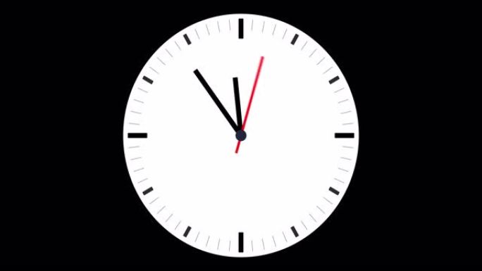 黑色背景的动画时钟，白色钟面，最后10分钟午夜