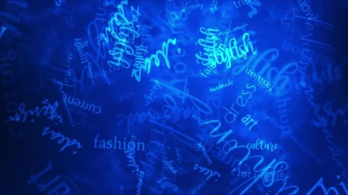 时尚美容杂志的蓝色文本相关词在蓝色背景上打字运动动画。4K 3D用于介绍元素，标题横幅