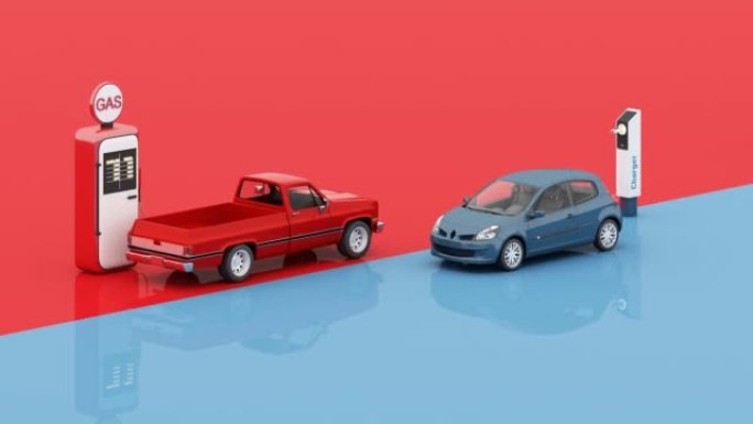 在红色卡车加油和电动蓝色轿车充电之间。昂贵的燃料危机，节能，生态绿色，概念孤立在红色和蓝色背景3d渲