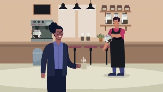 咖啡店工人和非洲女性客户动画
