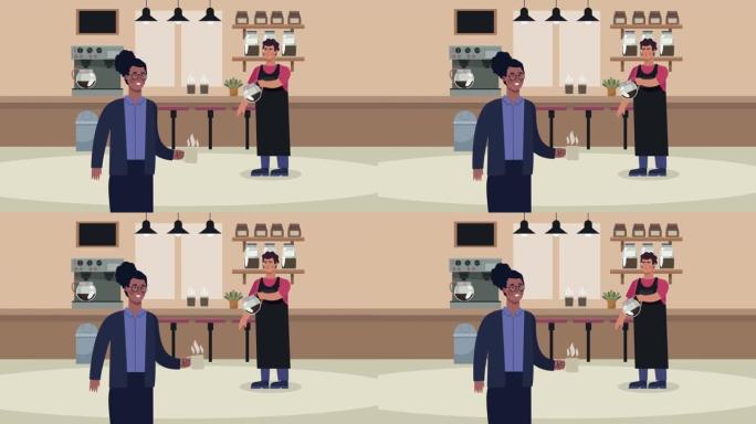 咖啡店工人和非洲女性客户动画