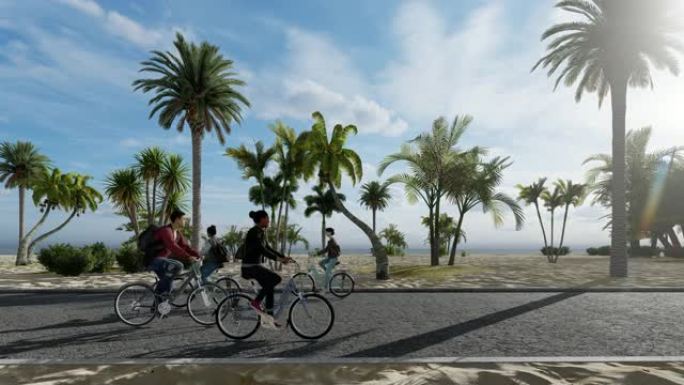 一群年轻人在海边骑自行车。穿着运动服的跑步者在阳光明媚的日子里一起在户外训练