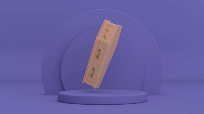 4k分辨率视频: 带金色十字架和手柄的木制棺材在紫色非常Peri圆柱体上旋转产品舞台基座在紫色非常P