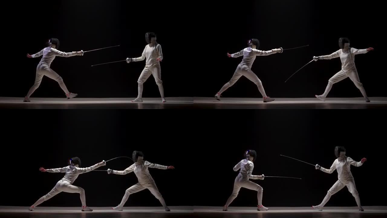 两名女运动员在击剑比赛中进行花剑训练。穿着白色制服和击剑面具的年轻女剑客在黑色背景下决斗。击剑运动学