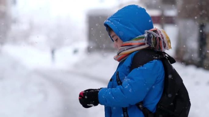 穿着蓝色冬装的有趣小男孩在降雪时行走。儿童户外冬季活动