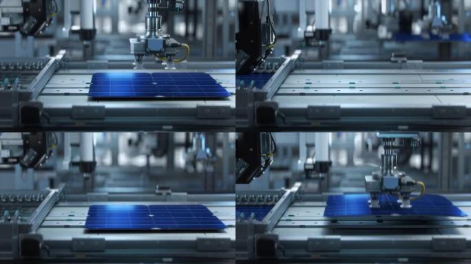 在先进工厂的太阳能电池板生产过程中，太阳能电池正在输送机上移动和测试