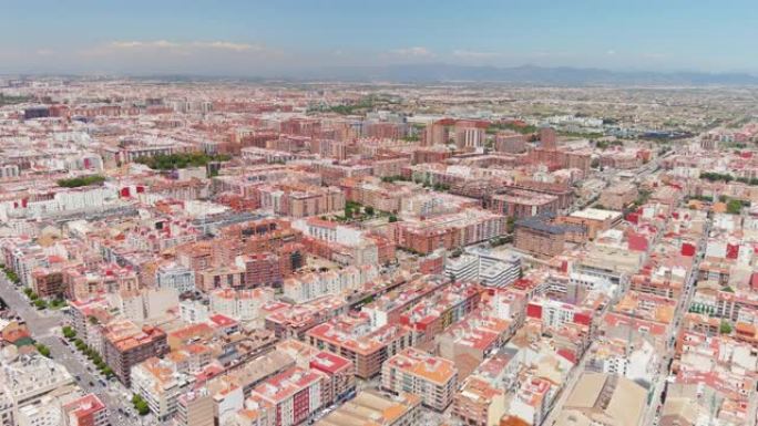 瓦伦西亚: 西班牙名城鸟瞰图，现代城市部分，阳光明媚，蓝天-从上面看欧洲的风景全景