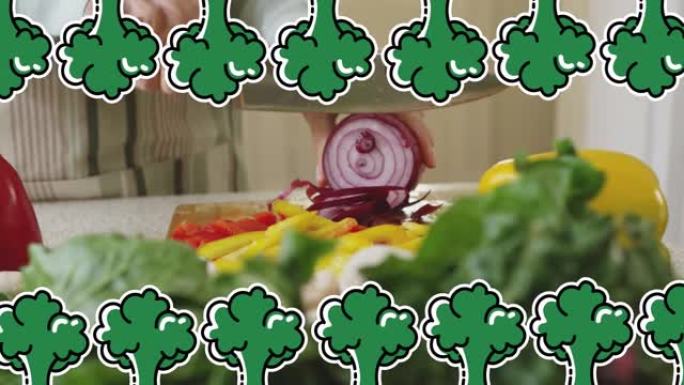 高加索妇女切蔬菜上的西兰花图标动画