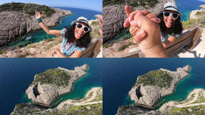 4k视频中年妇女坐在希腊海边的长凳上