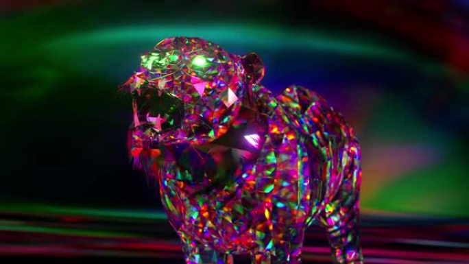 咆哮的钻石老虎。自然和动物概念。低聚。粉色霓虹色。符号2022年。3d动画