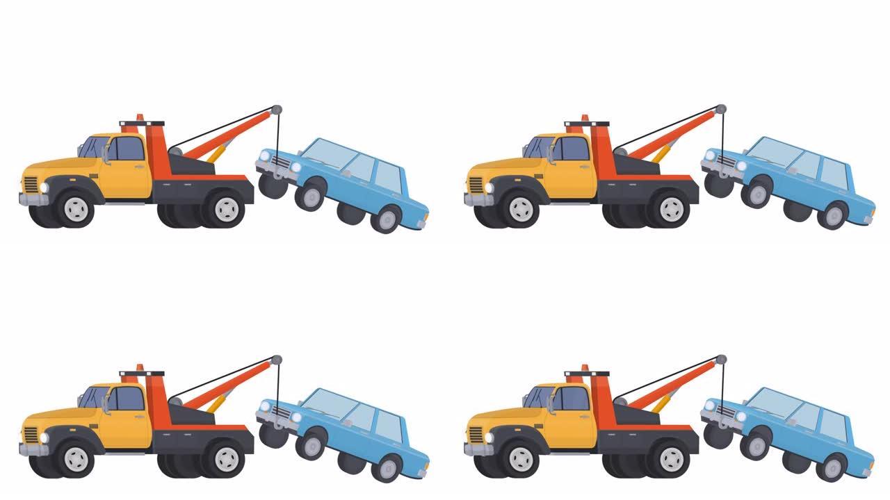 牵引车。拖车拖曳汽车的动画。卡通